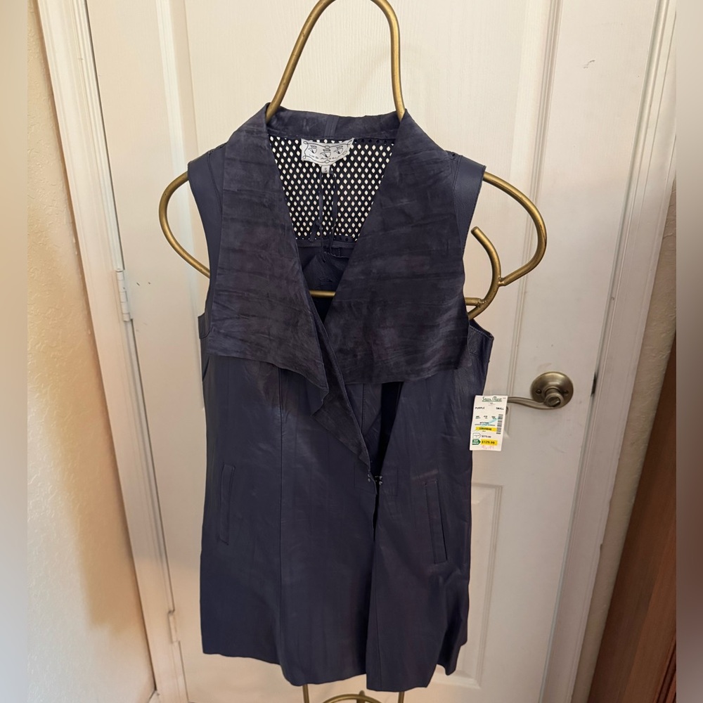 Sleeveless Dark Purple Leather Dress Vest w/ open work detail in back
